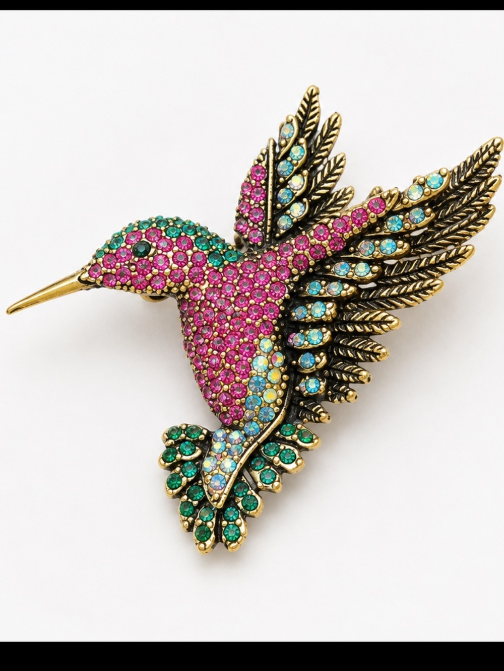 OPCKR Vintage Hummingbird Brooch Pink Green Rhinestone Gold Tone Bird Pin